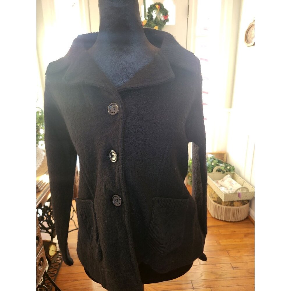 Linda Matthews  Wool Black Cardigan L Tailored Classic Old Money Minimalist